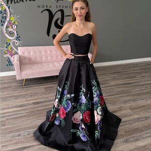 Terani Couture 2 Piece Black Floral Strapless Dress